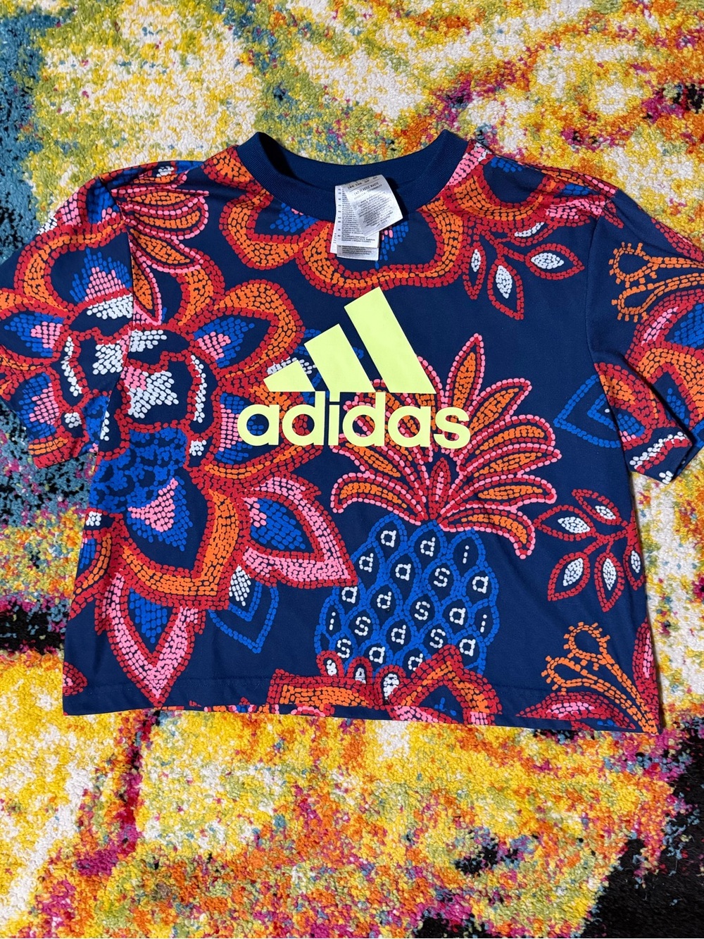 Adidas Farm Rio Navy Floral Pineapple Graphic Tee with Neon Logo
